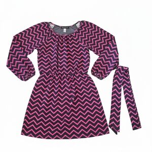 Xtraordinary Girls Size 8 Pink Black Chevron Long Sleeve Dress Tie Belt Zig Zag